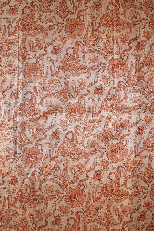 Orange Paisley Pattern Digital Print On Mulberry Silk Fabric