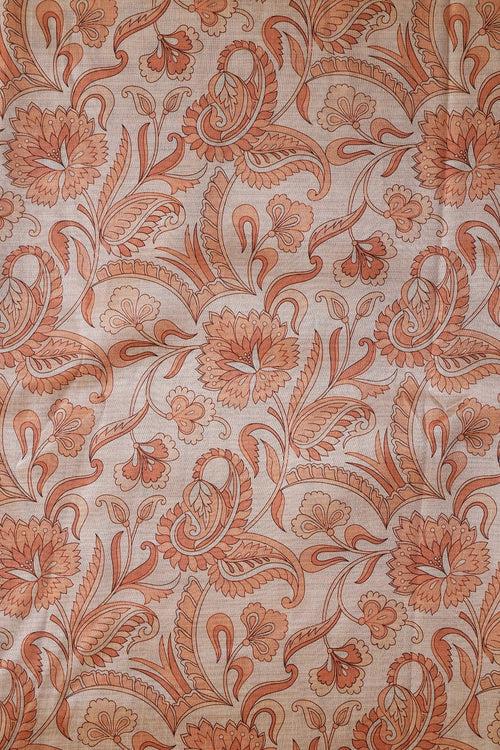 Orange Paisley Pattern Digital Print On Mulberry Silk Fabric