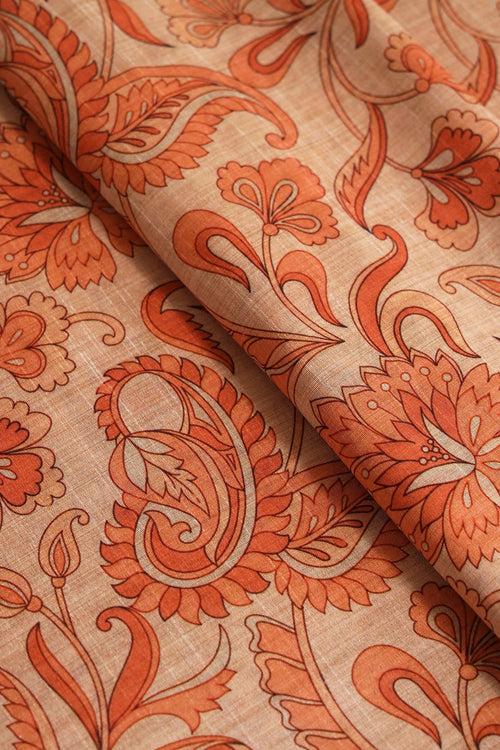 Orange Paisley Pattern Digital Print On Mulberry Silk Fabric