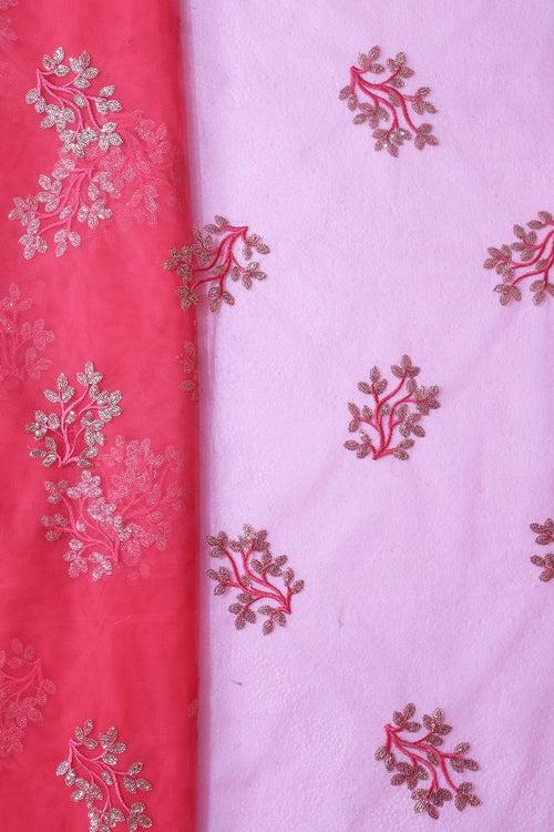 Pink Thread With Gold Sequins Floral Embroidery On Dark Coral Pink Soft Net Fabric