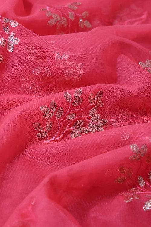 Pink Thread With Gold Sequins Floral Embroidery On Dark Coral Pink Soft Net Fabric