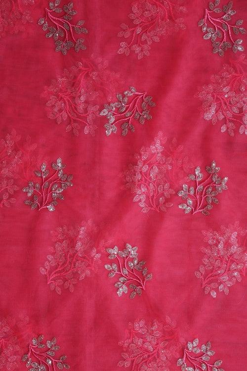 Pink Thread With Gold Sequins Floral Embroidery On Dark Coral Pink Soft Net Fabric