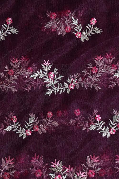 Pink Thread With Gold Zari Floral Embroidery On Wine Soft Net Fabric