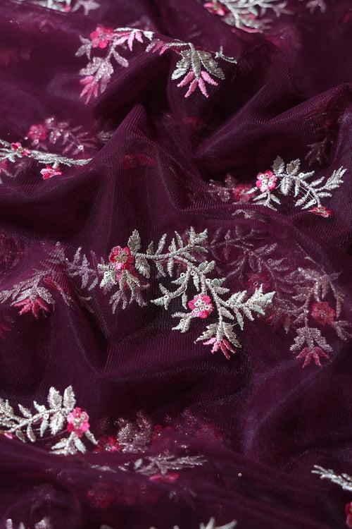 Pink Thread With Gold Zari Floral Embroidery On Wine Soft Net Fabric