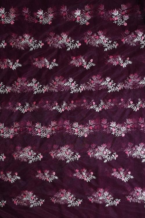 Pink Thread With Gold Zari Floral Embroidery On Wine Soft Net Fabric