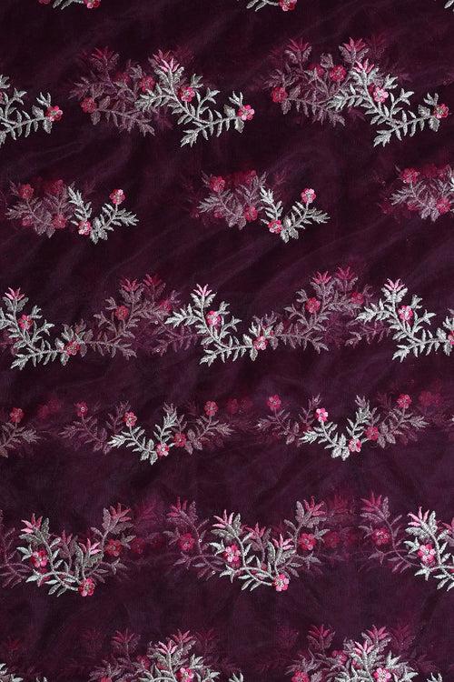 Pink Thread With Gold Zari Floral Embroidery On Wine Soft Net Fabric