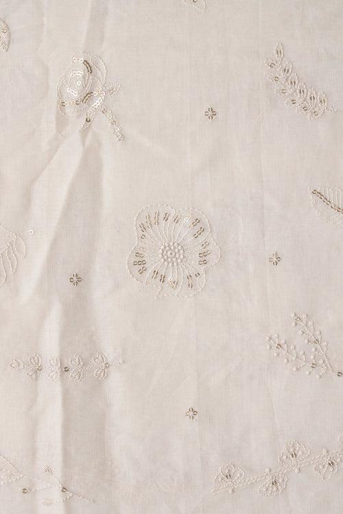 White Thread With Gold Sequins Floral Embroidery Work On Off White Organic Cotton Fabric