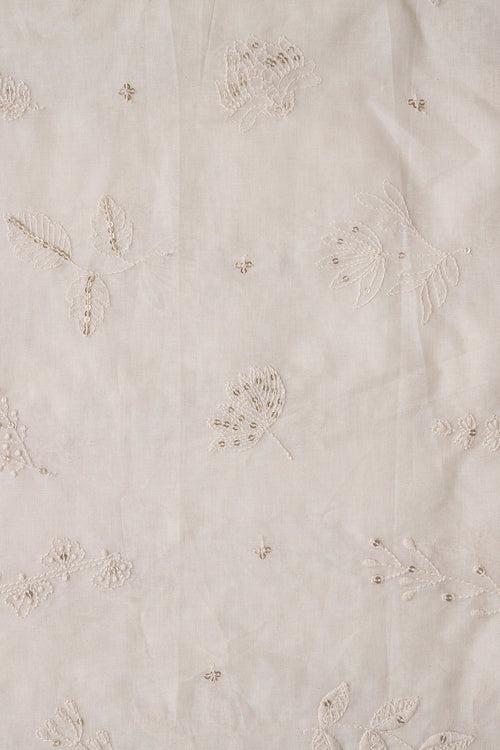 White Thread With Gold Sequins Floral Embroidery Work On Off White Organic Cotton Fabric