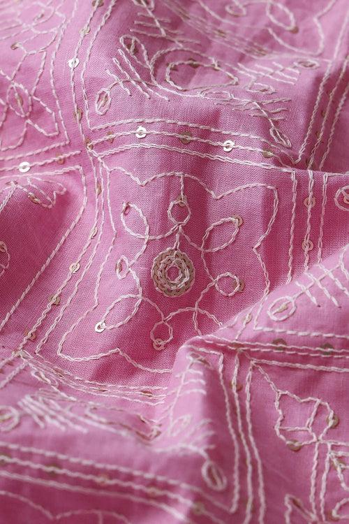 White Thread With Gold Sequins Geometric Embroidery Work On Pink Organic Cotton Fabric