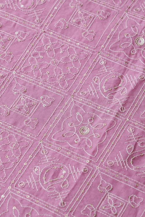 White Thread With Gold Sequins Geometric Embroidery Work On Pink Organic Cotton Fabric
