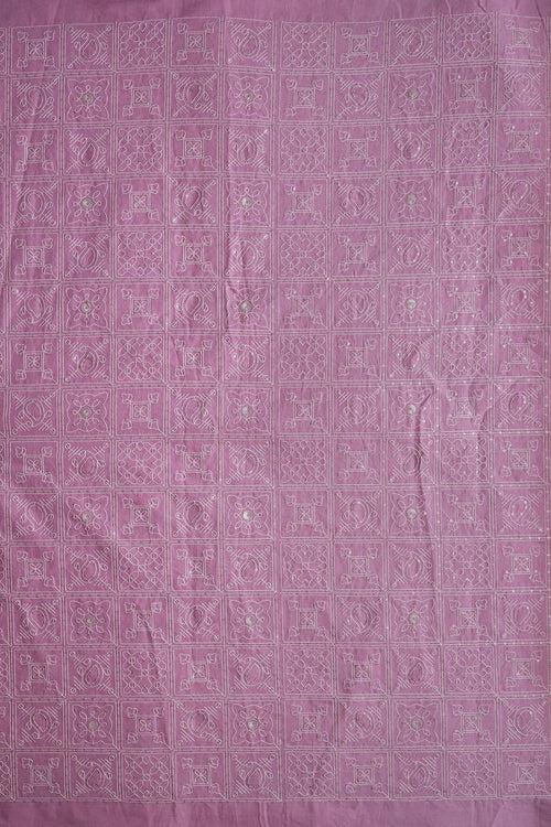 White Thread With Gold Sequins Geometric Embroidery Work On Pink Organic Cotton Fabric