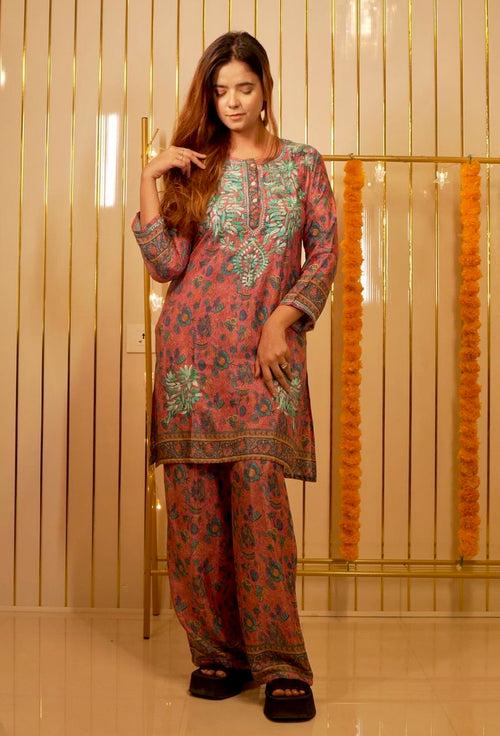 Veersons Chikankari Poly Silk Co-Ord Sets