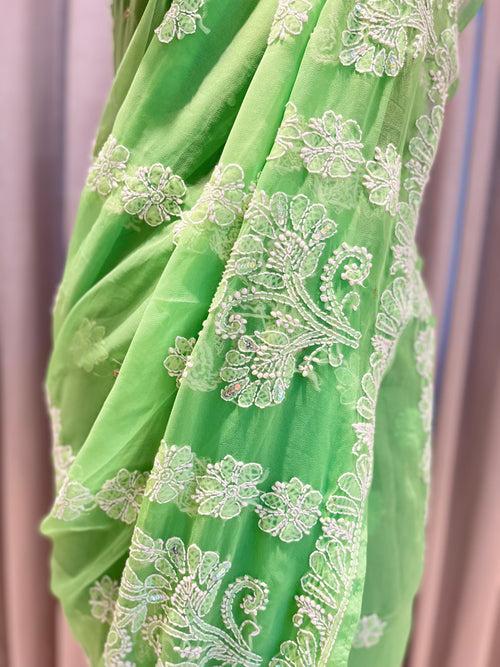 Veersons Chikankari Semi Georgette Green Lucknowi Chikankari Saree with sequin embellishment