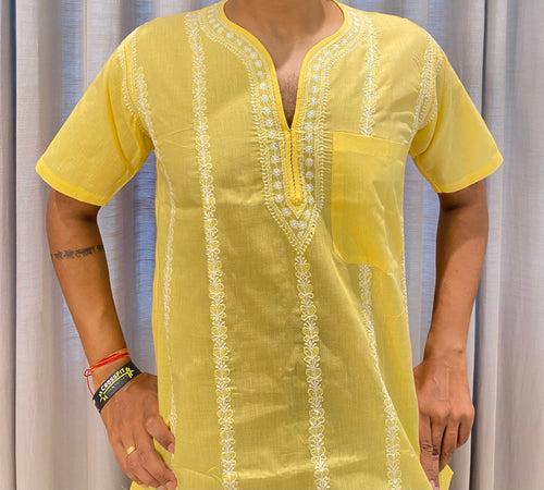 Veersons Chikankari Yellow Gents Chikankari Short Kurta