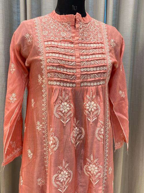 Veersons Chikankari Pure Chanderi Carrot Shade Premium Chikankari Kurta and Dupatta