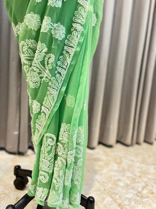 Veersons Chikankari Semi Georgette Green Lucknowi Chikankari Saree with sequin embellishment
