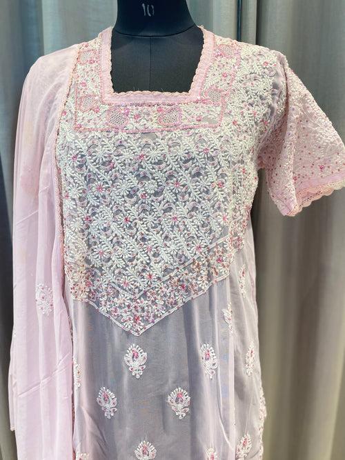 Veersons Chikankari Georgette Baby Pink Sequin Lucknowi Chikankari Suit Set