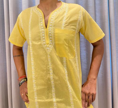 Veersons Chikankari Yellow Gents Chikankari Short Kurta