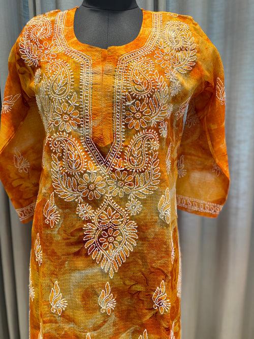 Veersons Chikankari Kota Chanderi Kurti with Tye Dye Lucknowi Chikankari