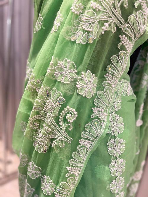 Veersons Chikankari Semi Georgette Green Lucknowi Chikankari Saree with sequin embellishment