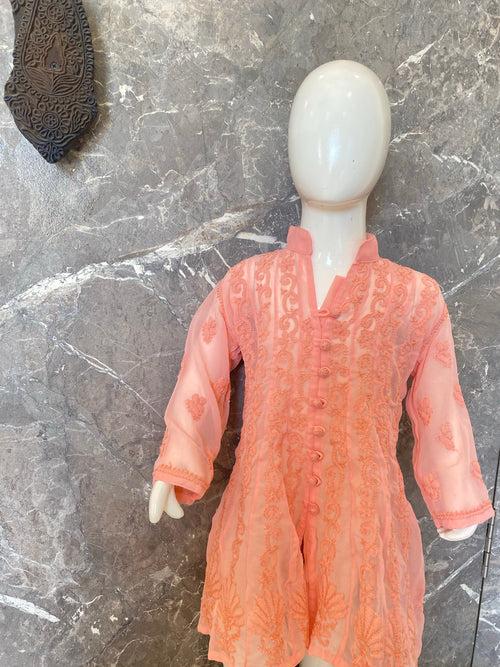 Veersons Chikankari Peach Georgette Bachkana Kids Lucknowi Chikan Anarkali