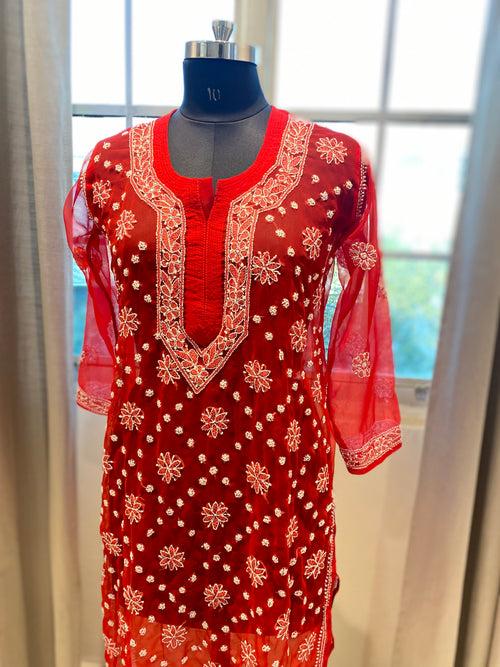 Veersons Chikankari Faux Georgette Lucknowi Chikan Kurti with Slip