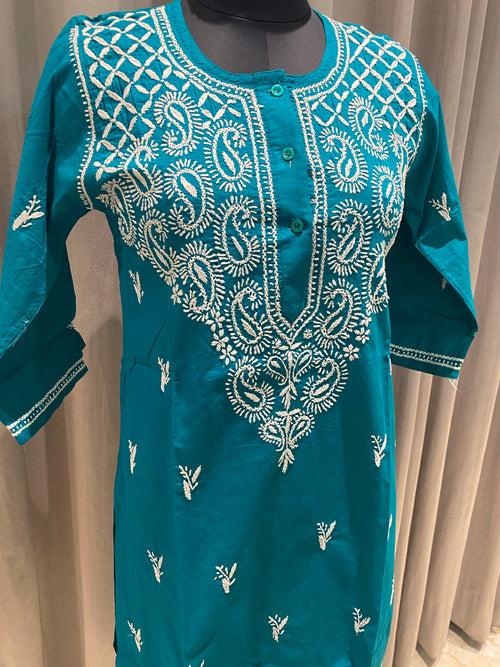 Veersons Chikankari Sea Green Cotton Lucknowi Kurta