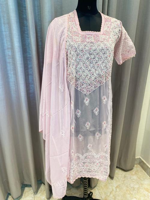 Veersons Chikankari Georgette Baby Pink Sequin Lucknowi Chikankari Suit Set