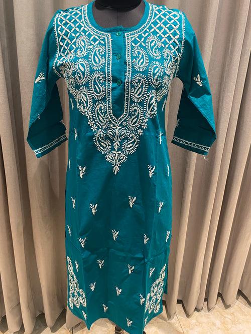 Veersons Chikankari Sea Green Cotton Lucknowi Kurta