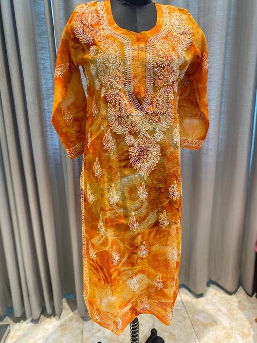 Veersons Chikankari Kota Chanderi Kurti with Tye Dye Lucknowi Chikankari