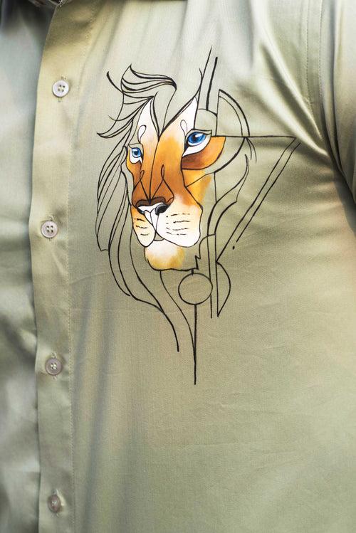 Linear Lion Sage Green Handpainted Shirt