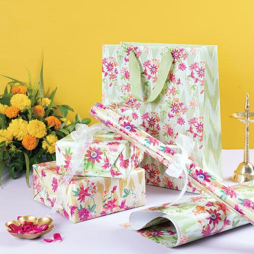 Flower-Fully Yours Green Ikat Gift Bags - Set of 5