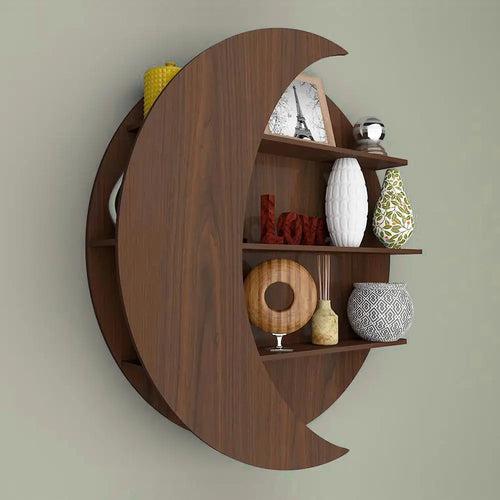 Moon Shape Designer Wooden Wall Shelf / Book Shelf, Walnut Finish