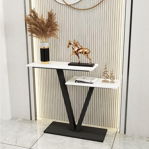 Contemporary 2 Tier White Marble Black Console Table