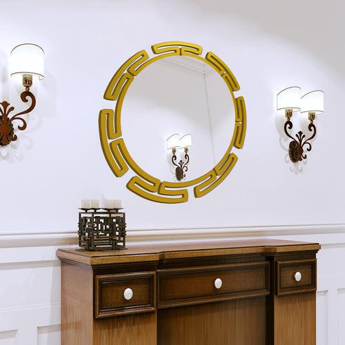Modern Round Shape Designer Wooden Wall Mirror With Gold Texture
