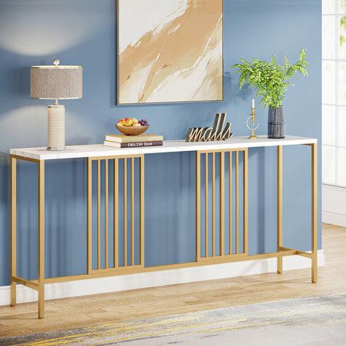 Narrow Long Faux White Marble Gold Console Table