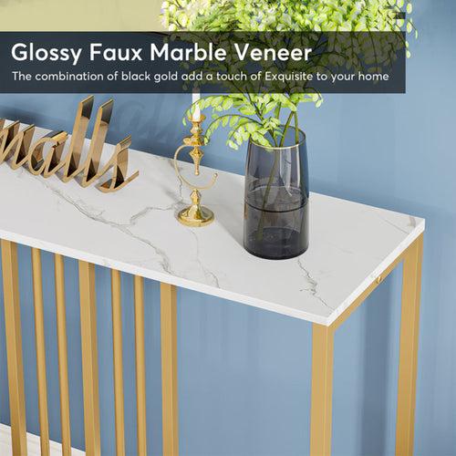Narrow Long Faux White Marble Gold Console Table
