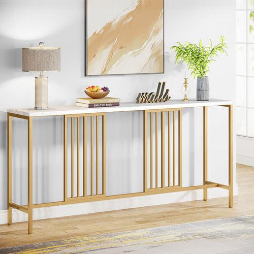 Narrow Long Faux White Marble Gold Console Table