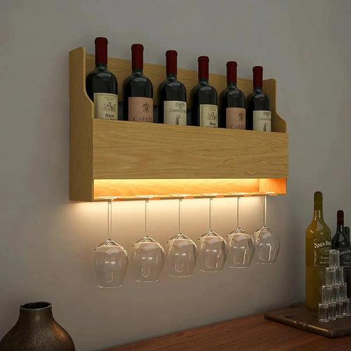 Premium Look Backlit MDF Mini Bar Wall Shelf in Light Oak Finish