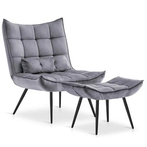 Shiny Grey Leather Finish Armchair with Footrest & Cushion