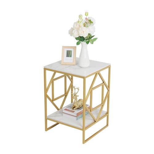 Square Geometric Rhombus Frame End  Side Table with Golden Metal Finish