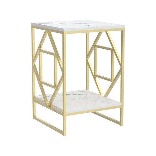 Square Geometric Rhombus Frame End  Side Table with Golden Metal Finish