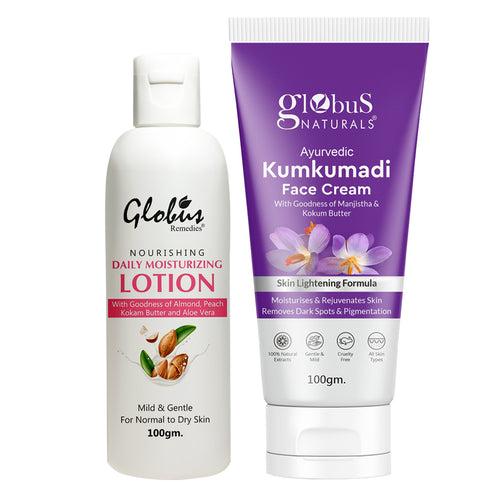 Globus Naturals Velvet Glow Body Care Combo Daily Moisturizing Body Lotion & Kumkumadi Face Cream