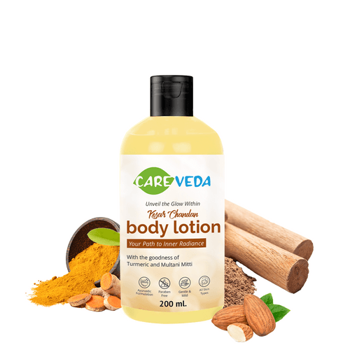 CareVeda Kesar Chandan Body Lotion, with the goodness of Turmeric and Almond, Ayurvedic Preparation, Paraben Free, Gentle & Mild, Suitable For All Skin Types, 200 ml