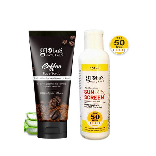 Globus Naturals Summer Sizzle Set - Sunscreen Lotion SPF 50++ 100 ml & Coffee Face Scrub 100gm