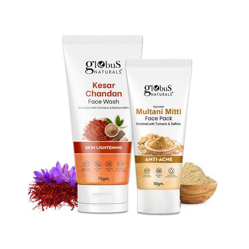 Globus Naturals Face Care Combo Set of 2- Kesar Chandan Face Wash 75gm and Multani Mitti Face Pack 50 gm