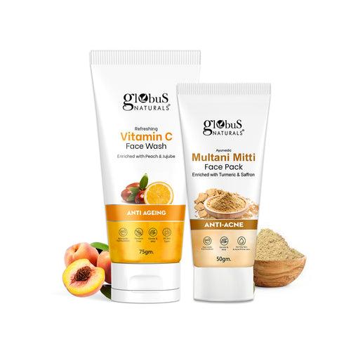 Globus Naturals Face Care Combo Set of 2- Vitamin C Face Wash 75gm and Multani Mitti Face Pack 50 gm