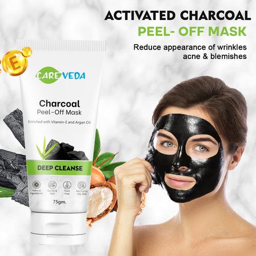 CareVeda Charcoal Peel Off Mask, Enriched with Vitamin E and Argan Oil,  Deep Cleanse, Natural Ingredients, Gentle & Mild, Toxin Free, Suitable For Normal to Oily Skin, 75gm