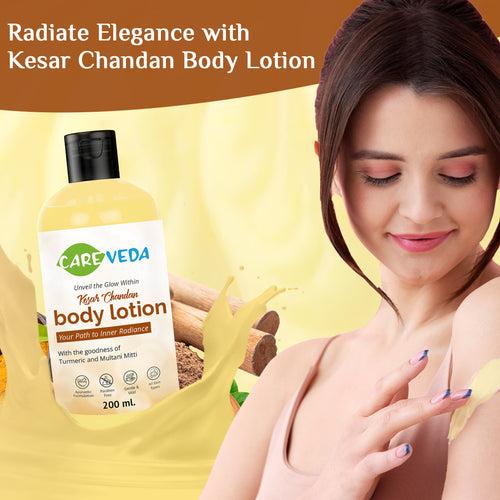 CareVeda Kesar Chandan Body Lotion, with the goodness of Turmeric and Almond, Ayurvedic Preparation, Paraben Free, Gentle & Mild, Suitable For All Skin Types, 200 ml