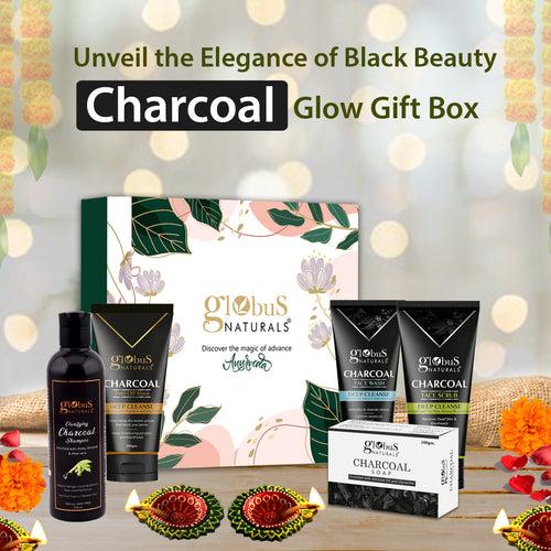 Globus Naturals Charcoal Diwali Glow Gift Box, Set of 5 -Face wash 100 gm, Face Scrub 100 gm, Peel Off Mask 100 gm, Charcoal Shampoo 200 ml &amp; Soap 100 gm